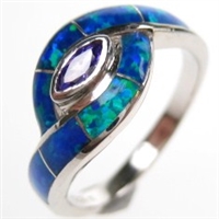 Silver Ring with Inlay Created Opal and Tanzanite CZ