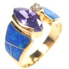 Silver Ring (Gold Plated) Inlay Created Opal, White and Tanzanite CZ