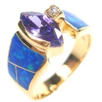 Silver Ring (Gold Plated) Inlay Created Opal, White and Tanzanite CZ