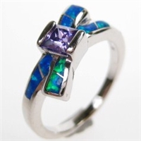 Silver Ring with Inlay Created Opal and Tanzanite CZ