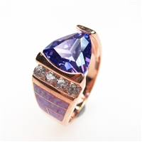 Silver Ring (Rose Gold Plated) with Inlay Created Opal, White and Tanzanite CZ