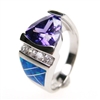 Silver Ring with Inlay Created Opal, White and Tanzanite CZ