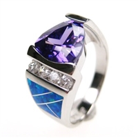 Silver Ring with Inlay Created Opal, White and Tanzanite CZ