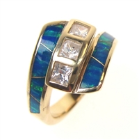 Silver Ring (Gold Plated) with Inlay Created Opal and White CZ