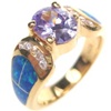 Silver Ring (Gold Plated) with Inlay Created Opal and Tanzanite CZ