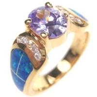 Silver Ring (Gold Plated) with Inlay Created Opal and Tanzanite CZ