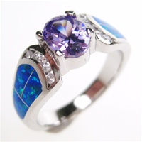 Silver Ring with Inlay Created Opal, White and Tanzanite CZ