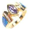 Silver Ring (Gold Plated) with Inlay Created Opal, White and Tanzanite CZ