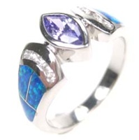 Silver Ring with Inlay Created Opal, White and Tanzanite CZ