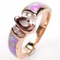 Silver Ring (Rose Gold Plated) with Inlay Created Opal, White and Smoky Topaz