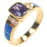 Silver Ring (Gold Plated) Inlay Created Opal, White & Tanzanite CZ