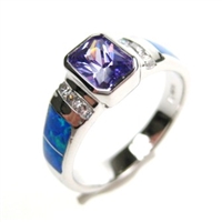 Silver Ring with Inlay Created Opal, White and Tanzanite CZ