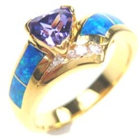 Silver Ring (Gold Plated) Inlay Created Opal, White and Tanzanite CZ