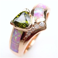 Silver Ring (Rose Gold Plated) with Inlay Created Opal, White and Dark Olive CZ