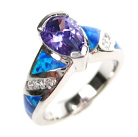 Silver Ring with Inlay Created Opal, White and Tanzanite CZ