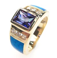 Silver Ring (Gold Plated) with Inlay Created Opal, White and Tanzanite CZ