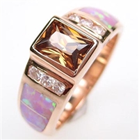 Silver Ring (Rose Gold Plated) with Inlay Created Opal, White and Smoky Topaz