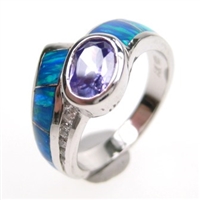 Silver Ring with Inlay Created Opal, White and Tanzanite CZ