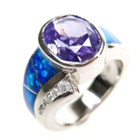 Silver Ring with Inlay Created Opal, White and Tanzanite CZ