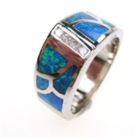 Silver Ring w/ Inlay Created Opal, White CZ