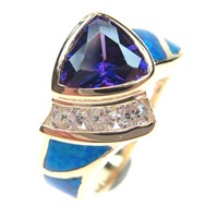 Silver Ring (Gold Plated) with Inlay Created Opal, White and Tanzanite CZ