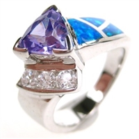 Silver Ring with Inlay Created Opal, White and Tanzanite CZ