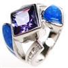 Silver Ring with Inlay Created Opal, White and Tanzanite CZ