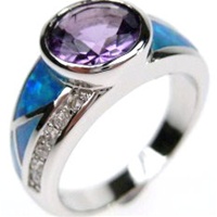 Silver Ring (Rhodium Plated) w/ Inlay Created Opal & Amethyst CZ