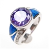 Silver Ring with Inlay Created Opal, White and Tanzanite CZ