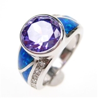 Silver Ring with Inlay Created Opal, White and Tanzanite CZ