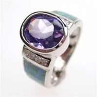 Silver Ring w/ Inlay Created Opal & White &Tanzanite CZ