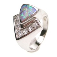 Silver Ring w/ Inlay Created Opal & Wht CZ