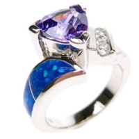 Silver Ring with Inlay Created Opal, White and Tanzanite CZ