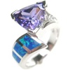 Silver Ring with Inlay Created Opal, White & Tanzanite CZ