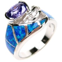 Silver Ring (Rhodium Plated) w/ Inlay Created Opal, White & Tanzanite CZ