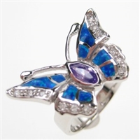 Silver Ring with Inlay Created Opal, White and Tanzanite CZ