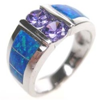 Silver Ring w/ Inlay Created Opal & Tanzanite CZ