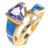 Silver Ring (Gold Plated) Inlay Created Opal, White and Tanzanite CZ