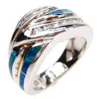 Silver Ring (Rhodium Plated) w/ Inlay Created Opal & Amethyst CZ