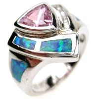 Silver Ring (Rhodium Plated) w/ Inlay Created Opal, White & Pink CZ