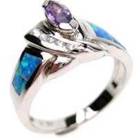 Silver Ring (Rhodium Plated) w/ Inlay Created Opal, White & Amethyst CZ
