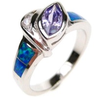 Silver Ring (Rhodium Plated) w/ Inlay Created Opal, White & Tanzanite CZ