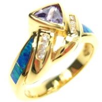 Silver Ring (Gold Plated) w/ Inlay Created Opal, White & Tanzanite CZ