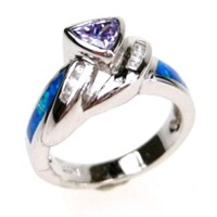 Silver Ring (Rhodium Plated) w/ Inlay Created Opal, White & Tanzanite CZ