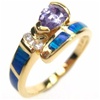 Silver Ring (Gold Plated) w/ Inlay Created Opal, White & Tanzanite CZ