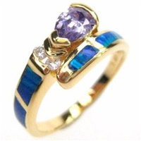 Silver Ring (Gold Plated) w/ Inlay Created Opal, White & Tanzanite CZ