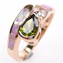 Silver Ring (Rose Gold Plated) with Inlay Created Opal, White and Dark Olive CZ