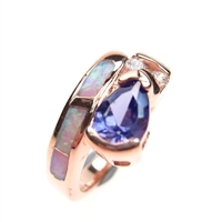 Silver Ring (Rose Gold Plated) with Inlay Created Opal, White and Tanzanite CZ