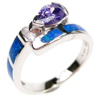 Silver Ring (Rhodium Plated) w/ Inlay Created Opal, White & Tanzanite CZ