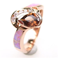 Silver Ring (Rose Gold Plated) with Inlay Created Opal, Smoky Topaz  and White CZ